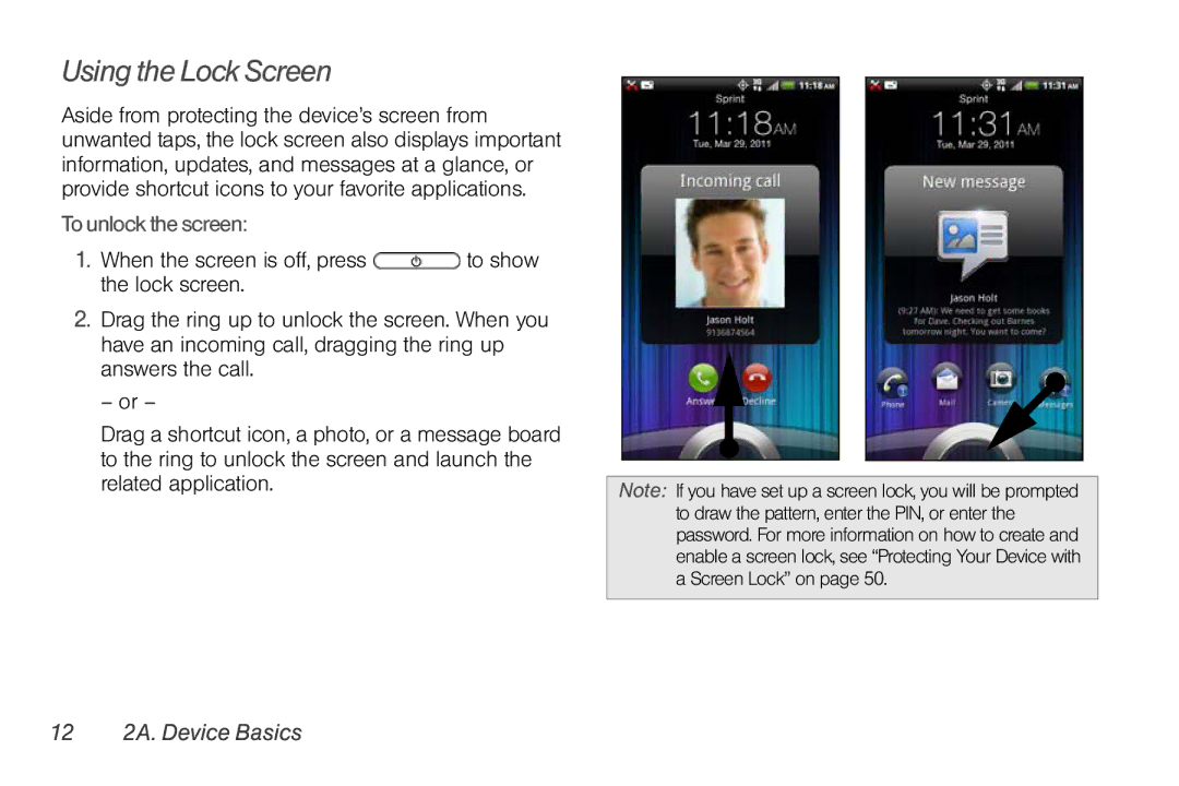 Sprint Nextel PG86100 manual Using the Lock Screen, To unlock the screen, 12 2A. Device Basics 