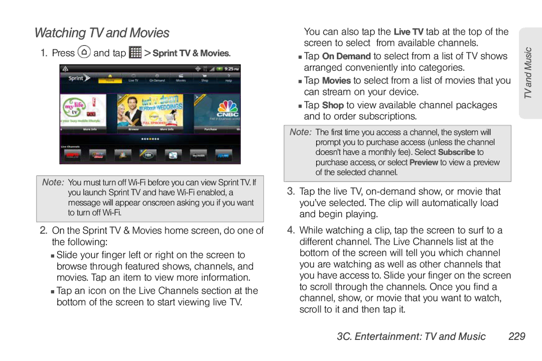 Sprint Nextel PG86100 manual Watching TV and Movies, 3C. Entertainment TV and Music 229, Press and tap Sprint TV & Movies 