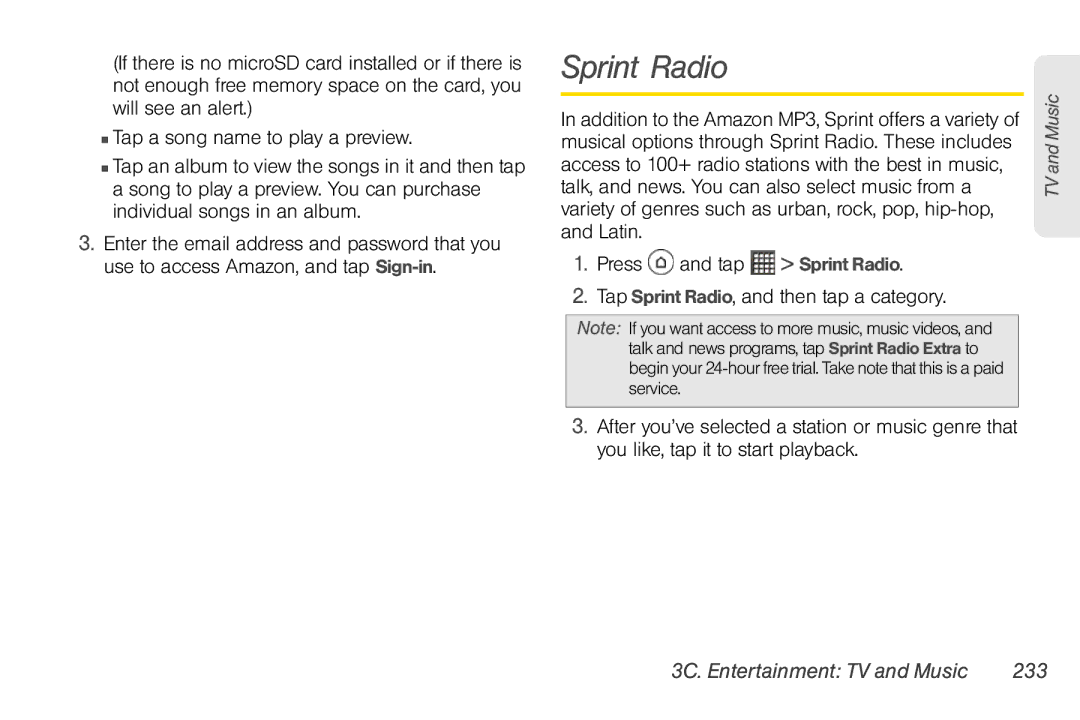 Sprint Nextel PG86100 manual Sprint Radio, 3C. Entertainment TV and Music 233 