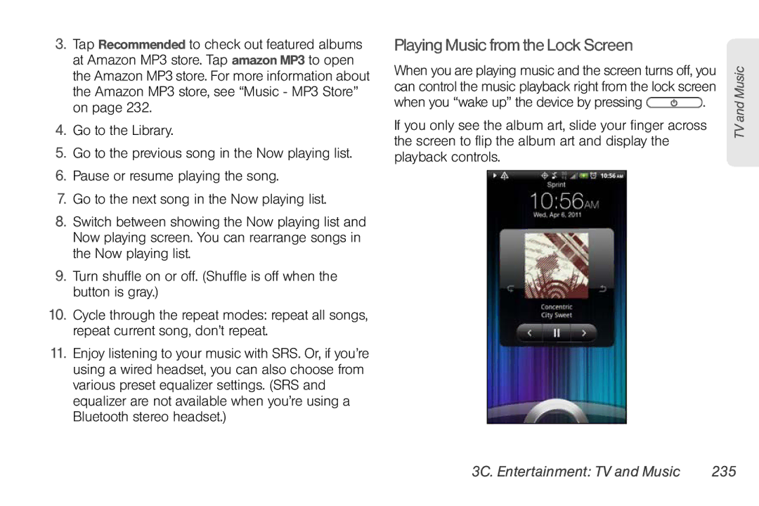 Sprint Nextel PG86100 manual Playing Music from the Lock Screen, 3C. Entertainment TV and Music 235 