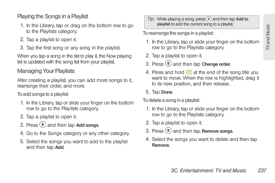 Sprint Nextel PG86100 manual Playing the Songs in a Playlist, Managing Your Playlists, 3C. Entertainment TV and Music 237 