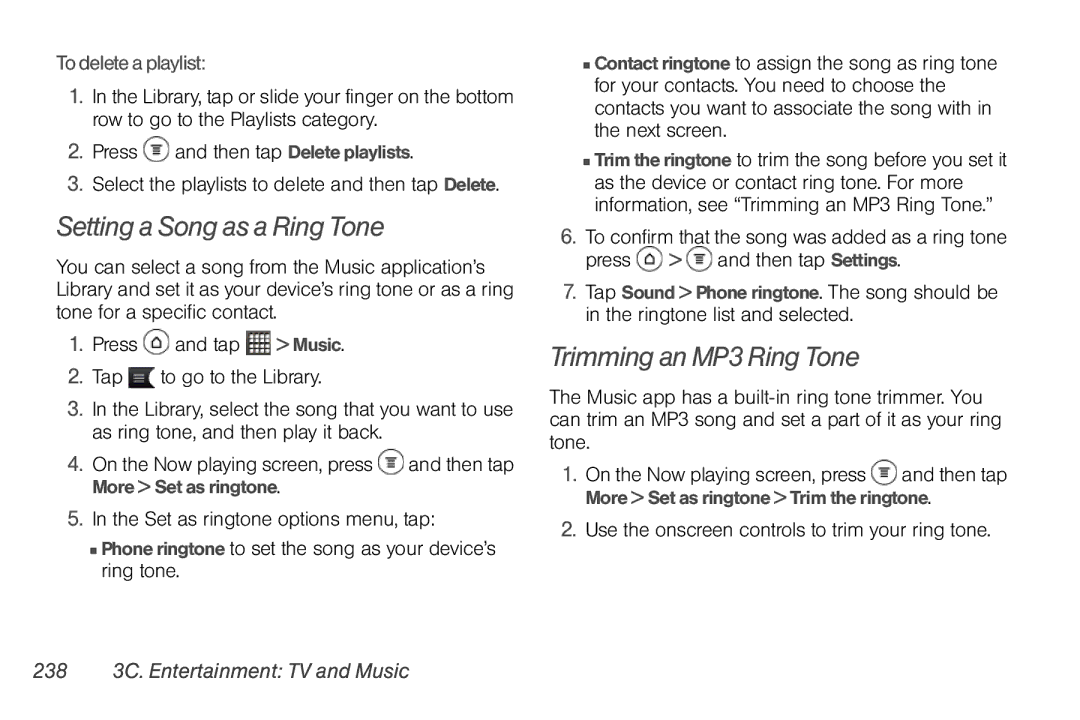 Sprint Nextel PG86100 manual Setting a Song as a Ring Tone, Trimming an MP3 Ring Tone, To delete a playlist 