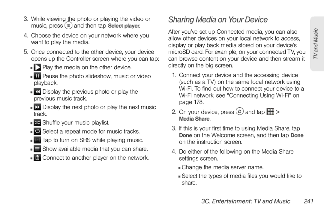 Sprint Nextel PG86100 manual Sharing Media on Your Device, 3C. Entertainment TV and Music 241 