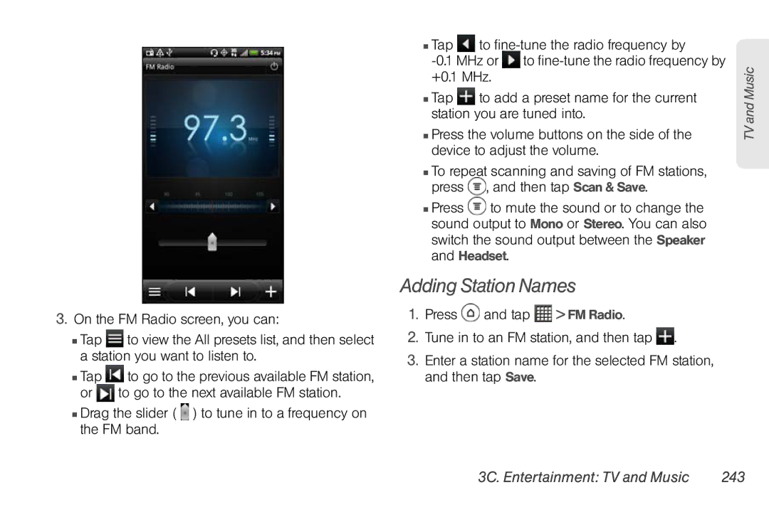 Sprint Nextel PG86100 manual Adding Station Names,  Drag the slider to tune in to a frequency on the FM band 