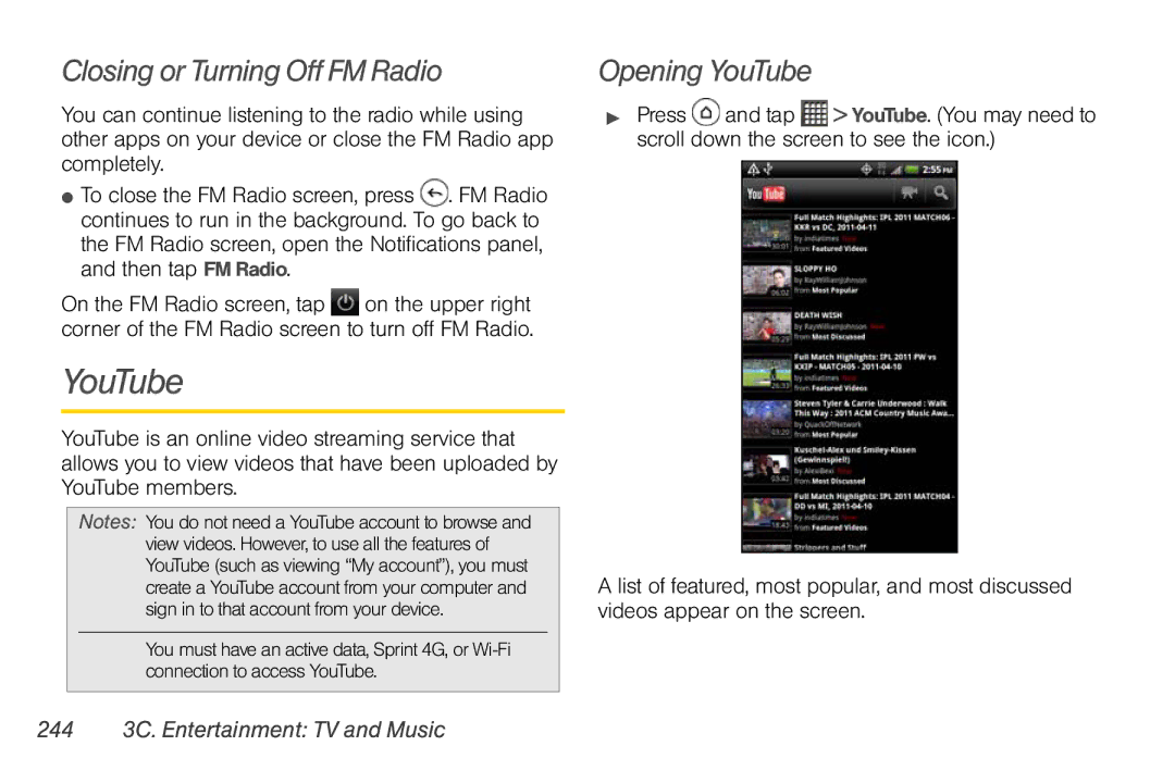 Sprint Nextel PG86100 manual Closing or Turning Off FM Radio, Opening YouTube, 244 3C. Entertainment TV and Music 