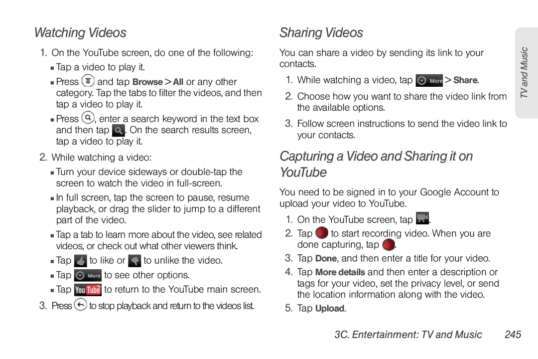 Sprint Nextel PG86100 Sharing Videos, Capturing a Video and Sharing it on YouTube, 3C. Entertainment TV and Music 245 