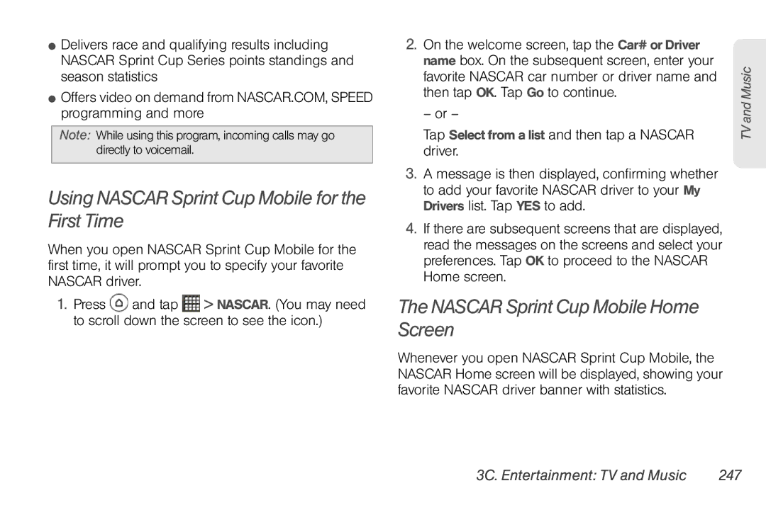 Sprint Nextel PG86100 manual Using Nascar Sprint Cup Mobile for the First Time, Nascar Sprint Cup Mobile Home Screen 