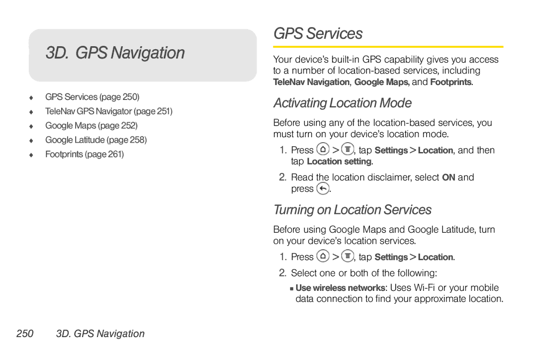 Sprint Nextel PG86100 manual 3D. GPS Navigation, GPS Services, Activating Location Mode, Turning on Location Services 