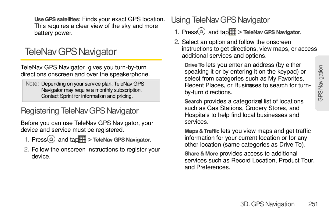 Sprint Nextel PG86100 manual Registering TeleNav GPS Navigator, Using TeleNav GPS Navigator, 3D. GPS Navigation 251 