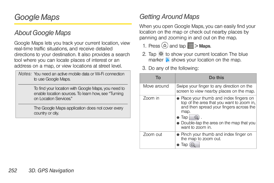 Sprint Nextel PG86100 manual About Google Maps, Getting Around Maps, Press and tap Maps, 252 3D. GPS Navigation 