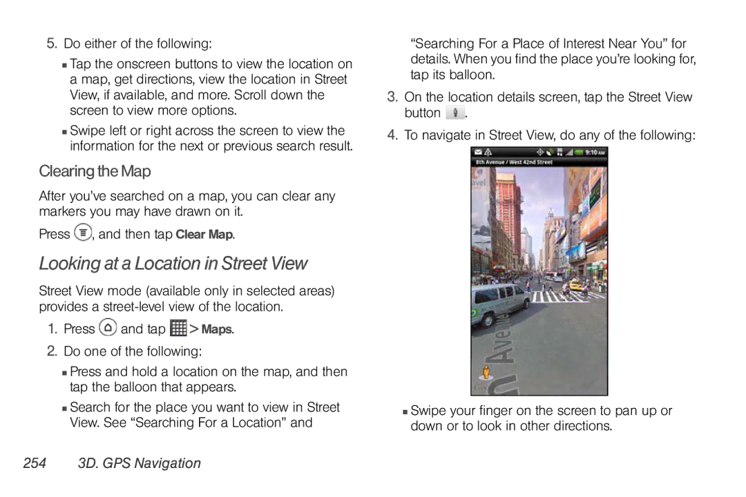 Sprint Nextel PG86100 manual Looking at a Location in Street View, Clearing the Map, 254 3D. GPS Navigation 