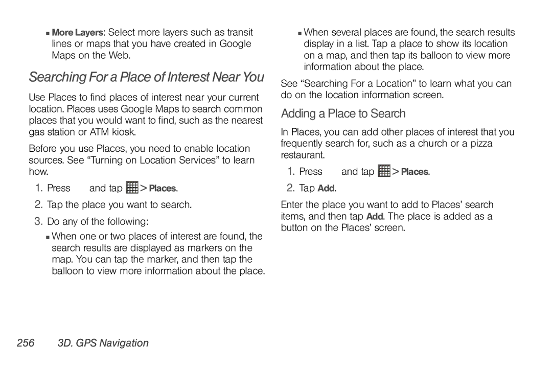 Sprint Nextel PG86100 manual Adding a Place to Search, 256 3D. GPS Navigation 