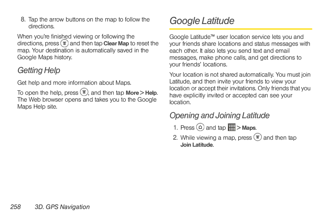 Sprint Nextel PG86100 manual Google Latitude, Opening and Joining Latitude, 258 3D. GPS Navigation 