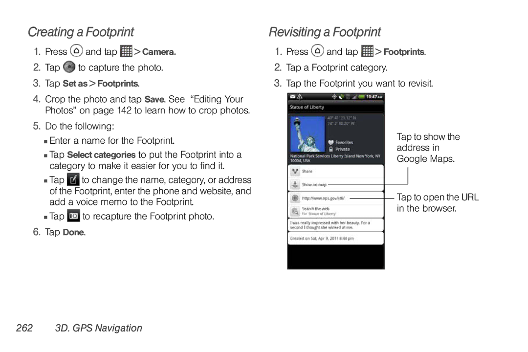 Sprint Nextel PG86100 manual Creating a Footprint, Revisiting a Footprint, 262 3D. GPS Navigation 