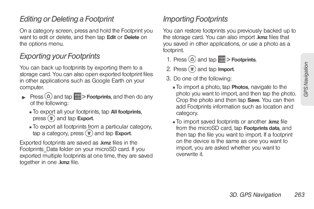 Sprint Nextel PG86100 manual Editing or Deleting a Footprint, Exporting your Footprints, Importing Footprints 