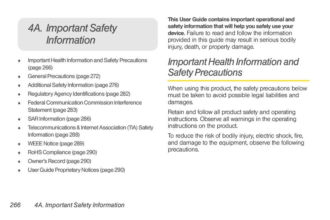 Sprint Nextel PG86100 manual 4A. Important Safety Information, Important Health Information and Safety Precautions 