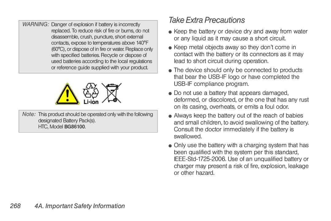 Sprint Nextel PG86100 manual Take Extra Precautions, 268 4A. Important Safety Information 