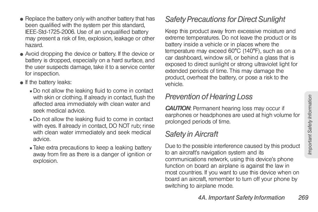 Sprint Nextel PG86100 manual Safety Precautions for Direct Sunlight, Prevention of Hearing Loss Safety in Aircraft 