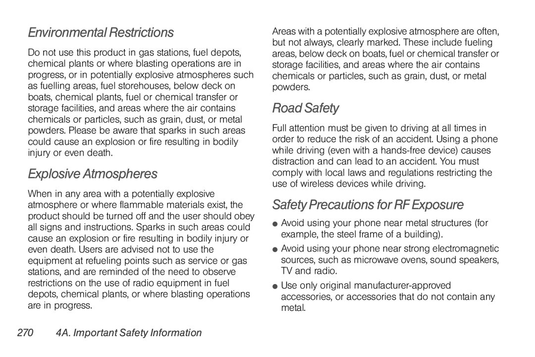 Sprint Nextel PG86100 Environmental Restrictions, Explosive Atmospheres, Road Safety, Safety Precautions for RF Exposure 