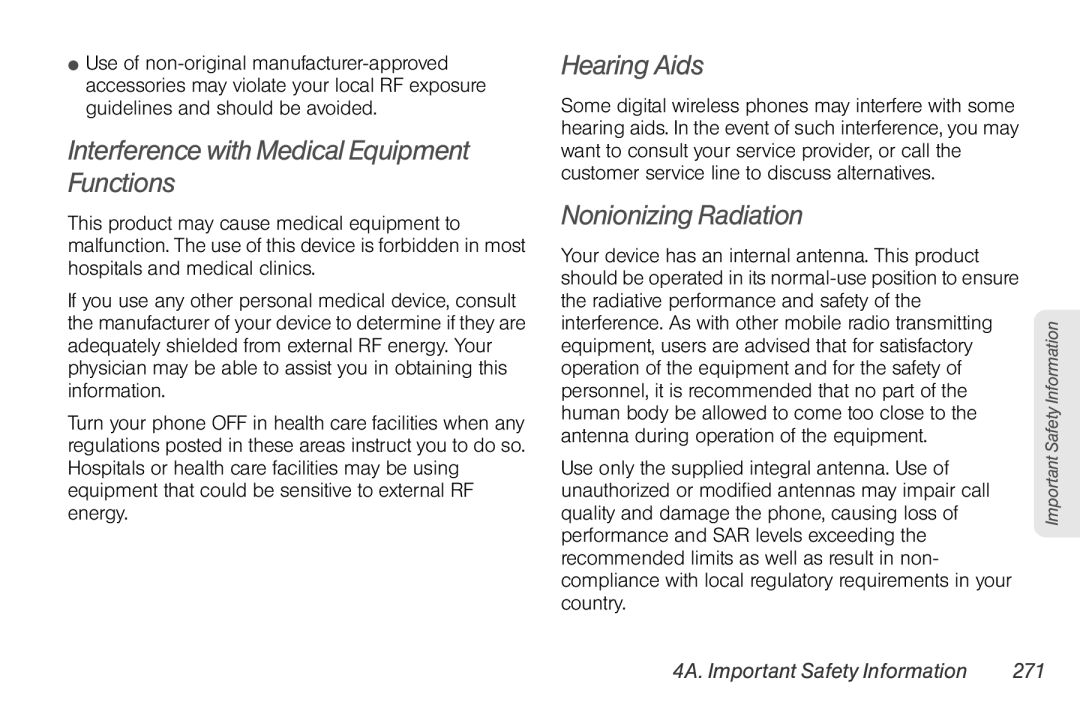 Sprint Nextel PG86100 manual Interference with Medical Equipment Functions, Hearing Aids, Nonionizing Radiation 