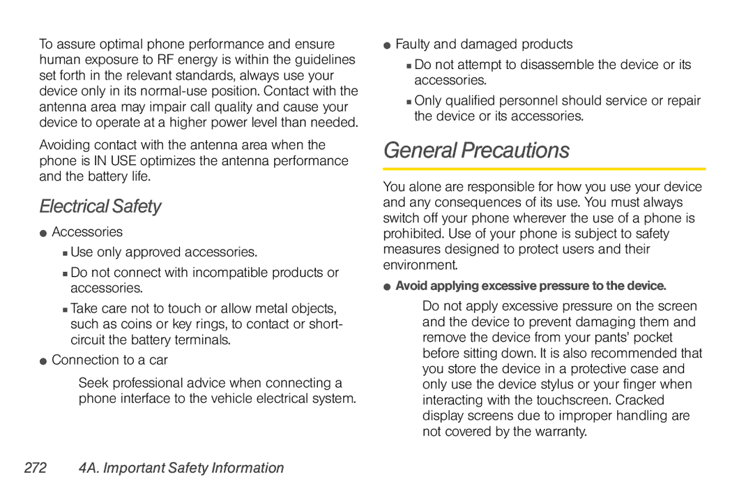 Sprint Nextel PG86100 manual General Precautions,  Connection to a car, 272 4A. Important Safety Information 