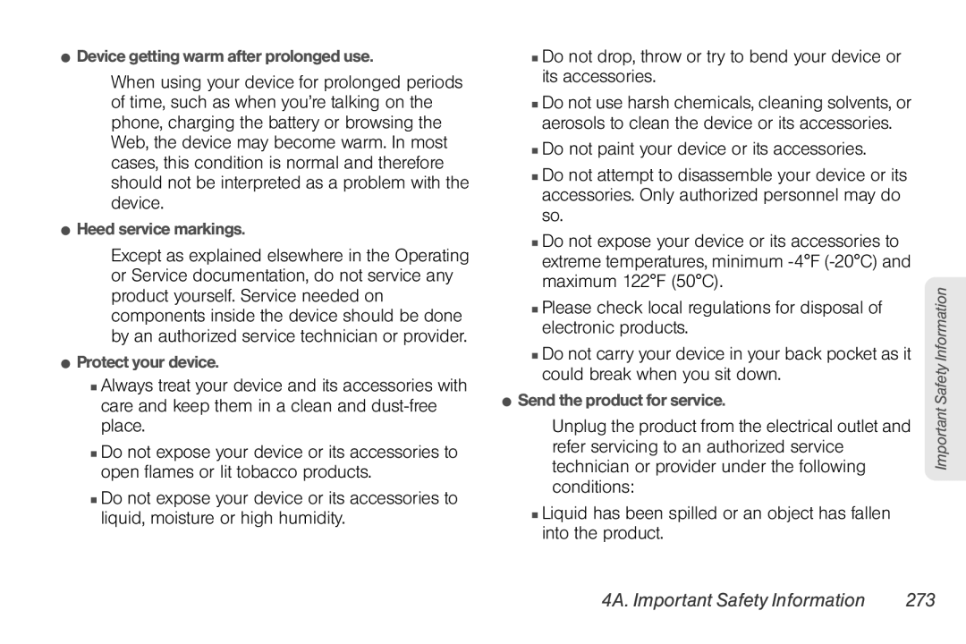 Sprint Nextel PG86100 manual 4A. Important Safety Information 273,  Device getting warm after prolonged use 