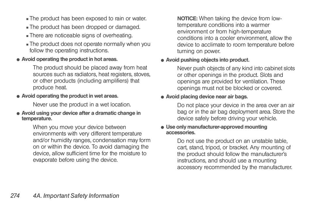 Sprint Nextel PG86100 manual 274 4A. Important Safety Information,  Avoid operating the product in hot areas 