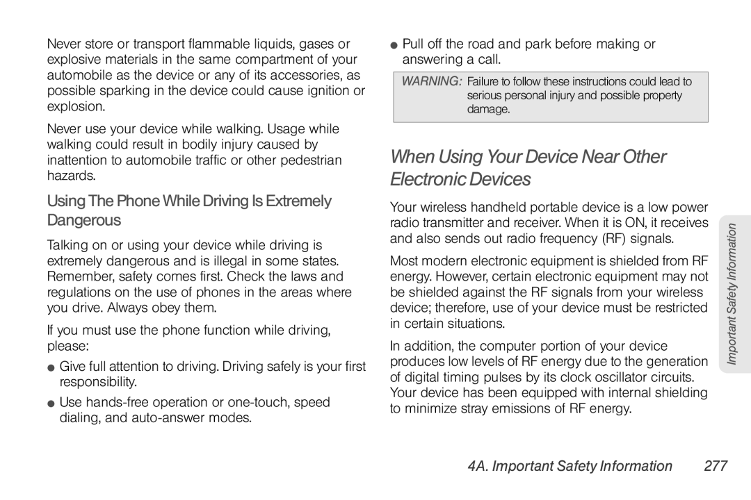 Sprint Nextel PG86100 manual When Using Your Device Near Other Electronic Devices, 4A. Important Safety Information 277 