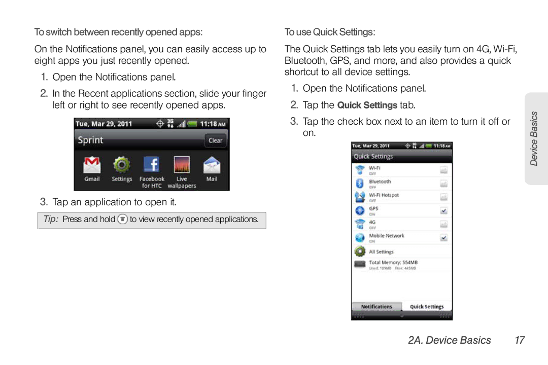 Sprint Nextel PG86100 manual To switch between recently opened apps, Tap an application to open it, To use Quick Settings 