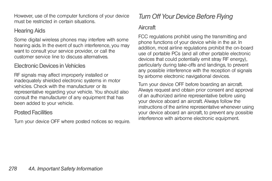 Sprint Nextel PG86100 Turn Off Your Device Before Flying, Hearing Aids, Electronic Devices in Vehicles, Posted Facilities 