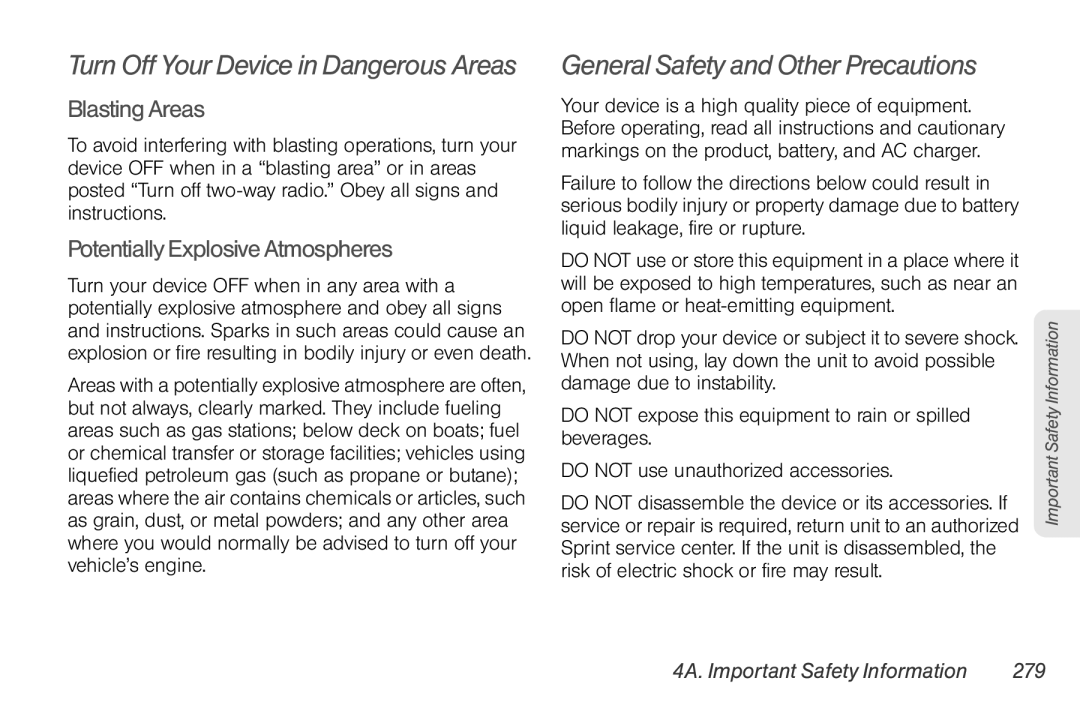 Sprint Nextel PG86100 manual General Safety and Other Precautions, Blasting Areas, Potentially Explosive Atmospheres 