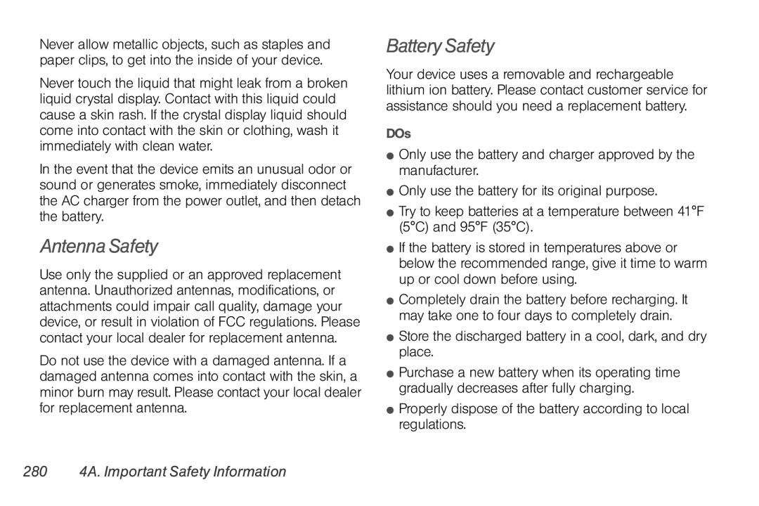 Sprint Nextel PG86100 manual Antenna Safety, Battery Safety, 280 4A. Important Safety Information, DOs 