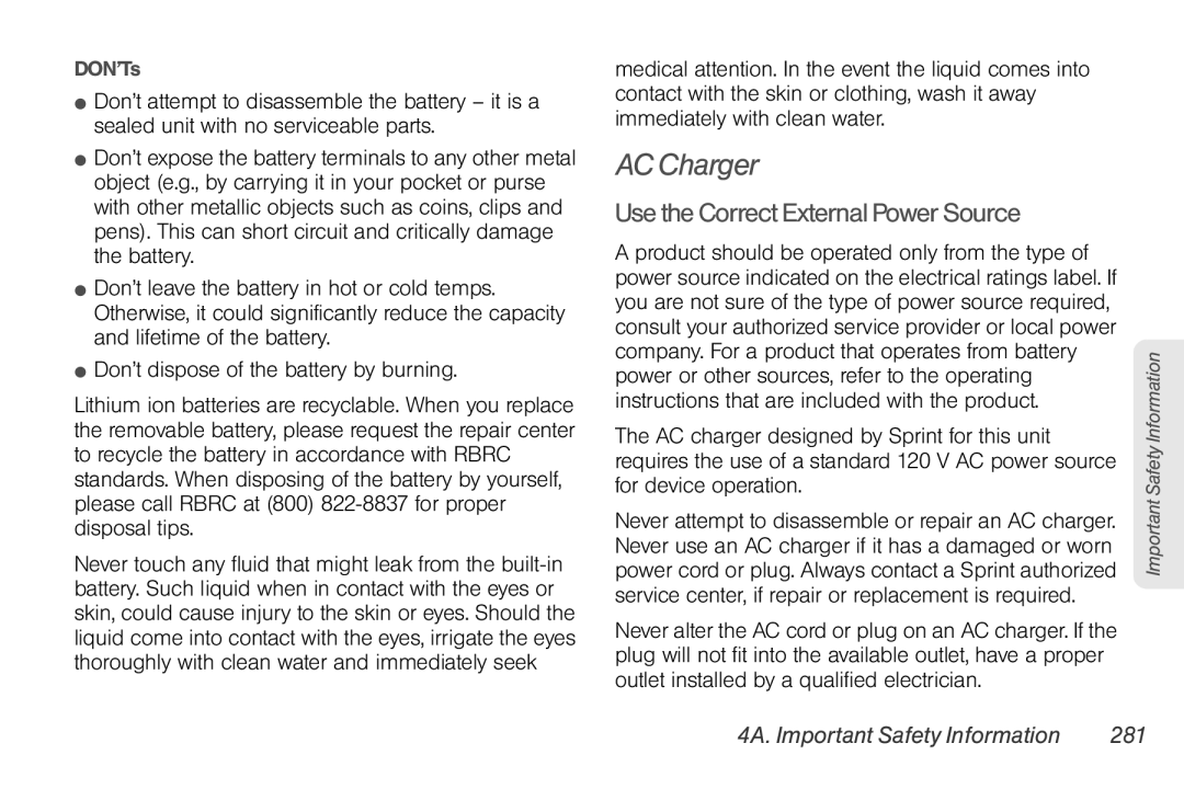 Sprint Nextel PG86100 AC Charger, Use the Correct External Power Source, 4A. Important Safety Information 281, DON’Ts 