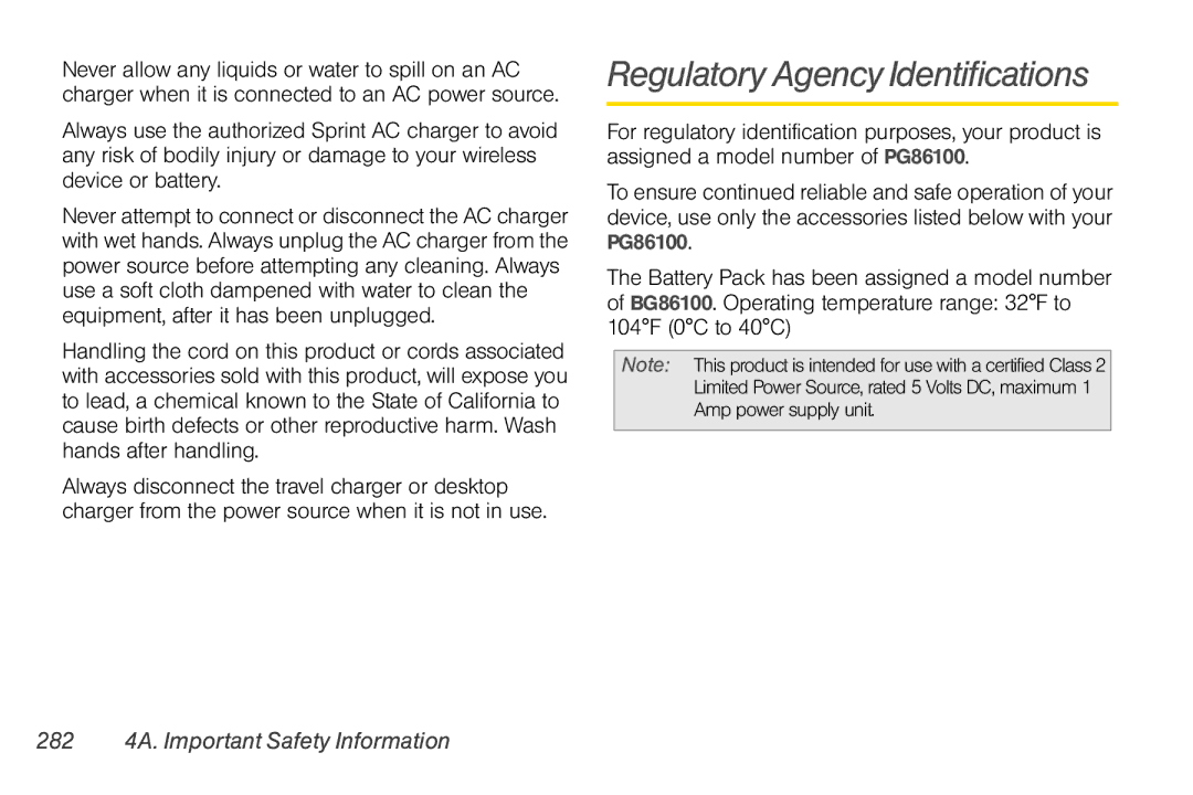 Sprint Nextel PG86100 manual Regulatory Agency Identifications, 282 4A. Important Safety Information 