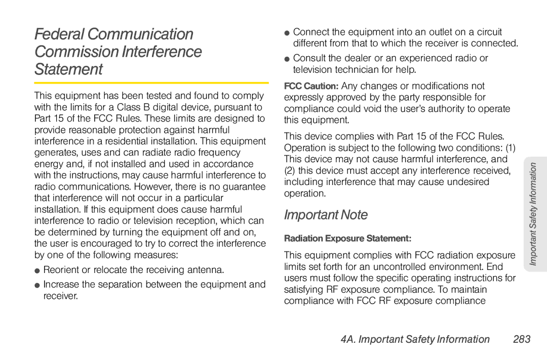 Sprint Nextel PG86100 manual Federal Communication Commission Interference Statement, Important Note 