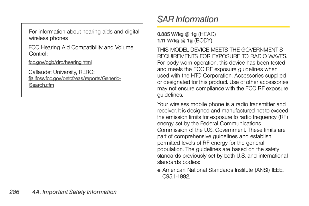 Sprint Nextel PG86100 manual SAR Information, Gallaudet University, Rerc, 286 4A. Important Safety Information 