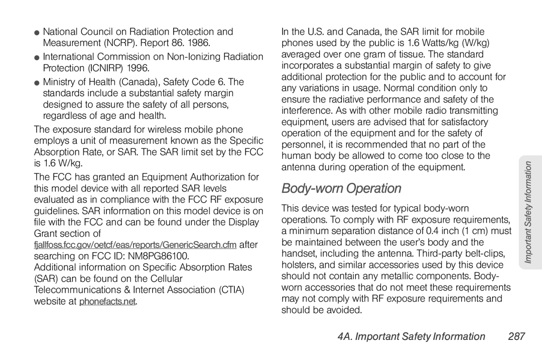 Sprint Nextel PG86100 manual Body-worn Operation, 4A. Important Safety Information 287 