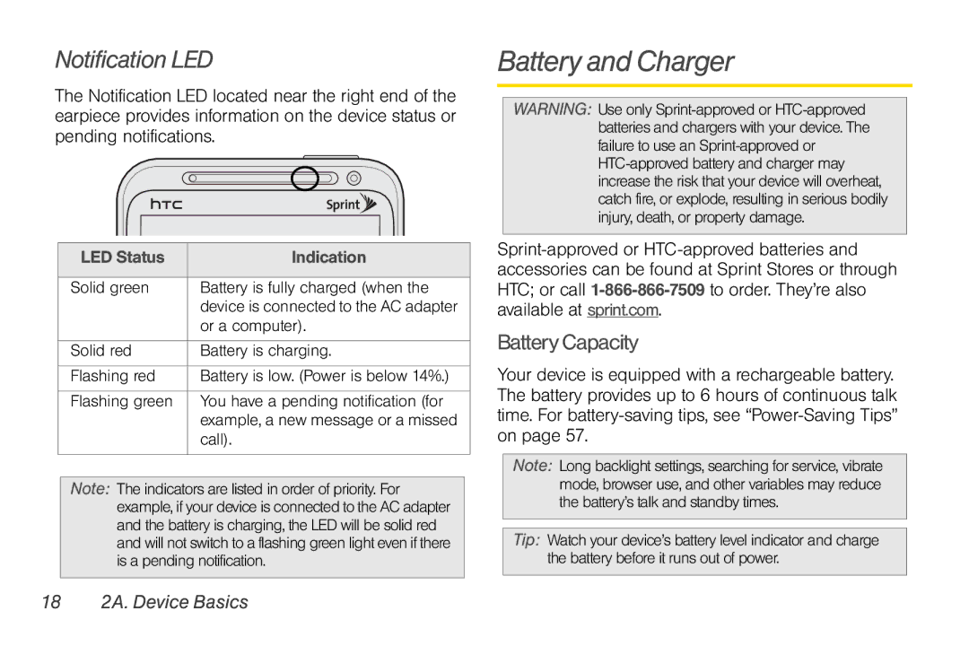 Sprint Nextel PG86100 Battery and Charger, Notification LED, Battery Capacity, 18 2A. Device Basics, LED Status Indication 