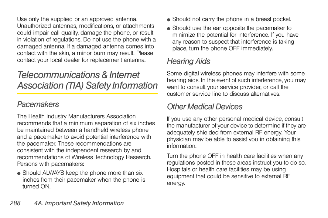 Sprint Nextel PG86100 manual Other Medical Devices, 288 4A. Important Safety Information 