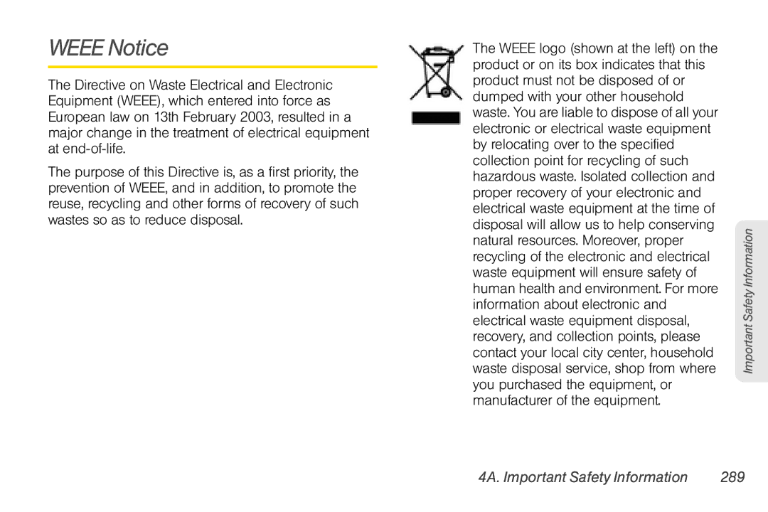 Sprint Nextel PG86100 manual Weee Notice, 4A. Important Safety Information 289 