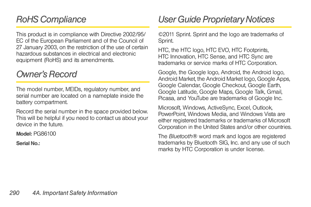 Sprint Nextel PG86100 manual RoHS Compliance, Owner’s Record, User Guide Proprietary Notices 