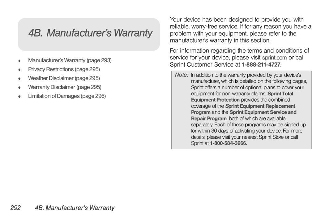 Sprint Nextel PG86100 manual 292 4B. Manufacturer’s Warranty 