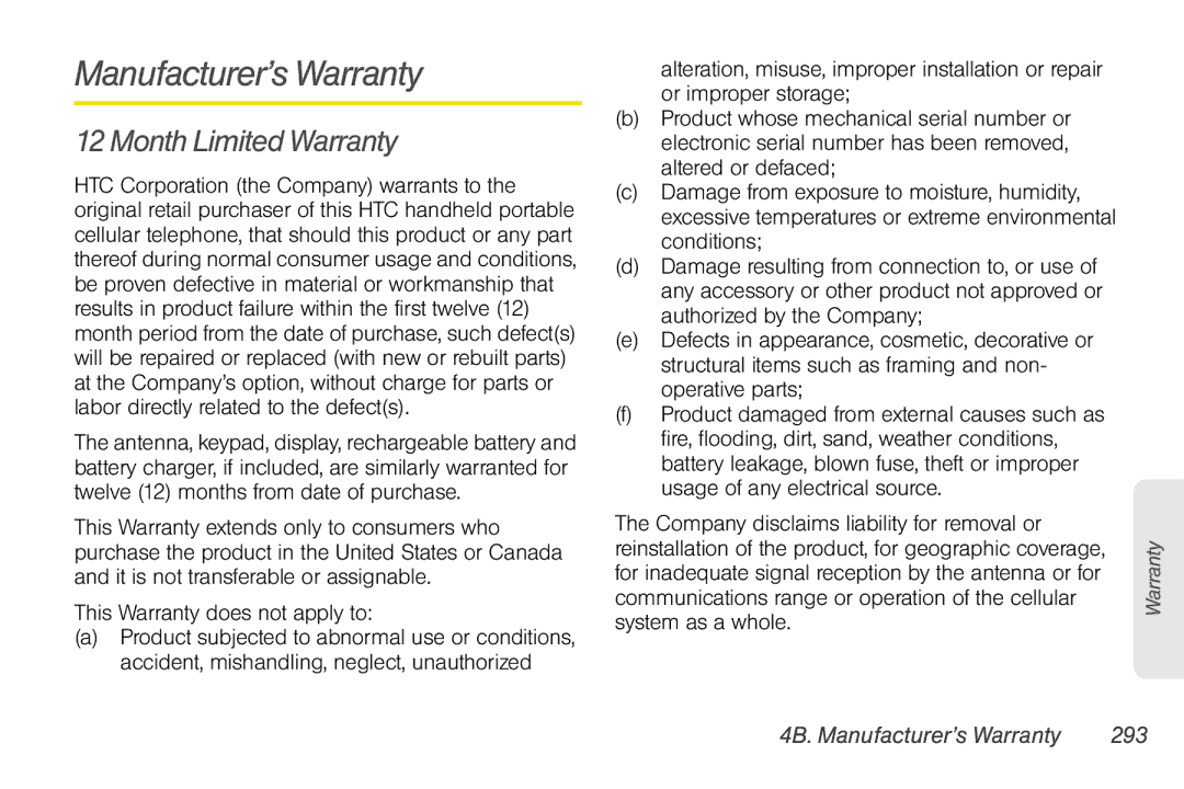 Sprint Nextel PG86100 manual Month Limited Warranty, 4B. Manufacturer’s Warranty 293 