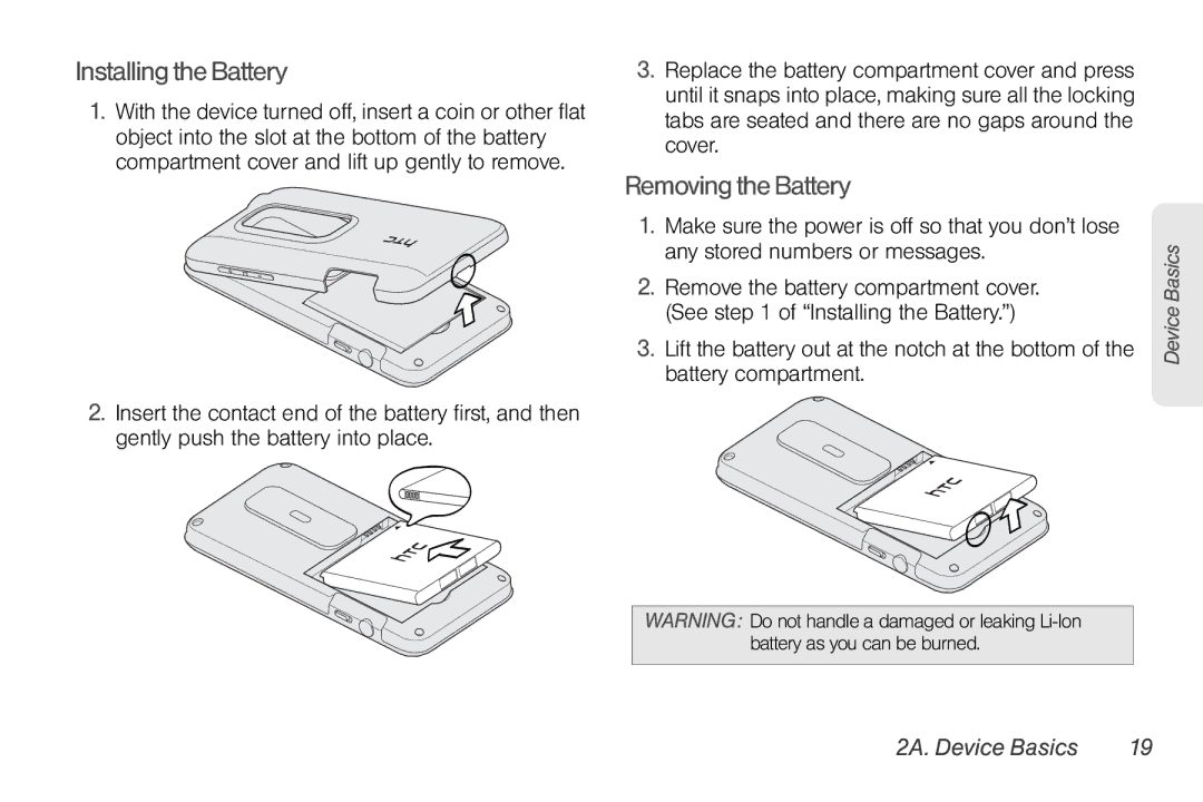 Sprint Nextel PG86100 manual Installing the Battery, Removing the Battery 