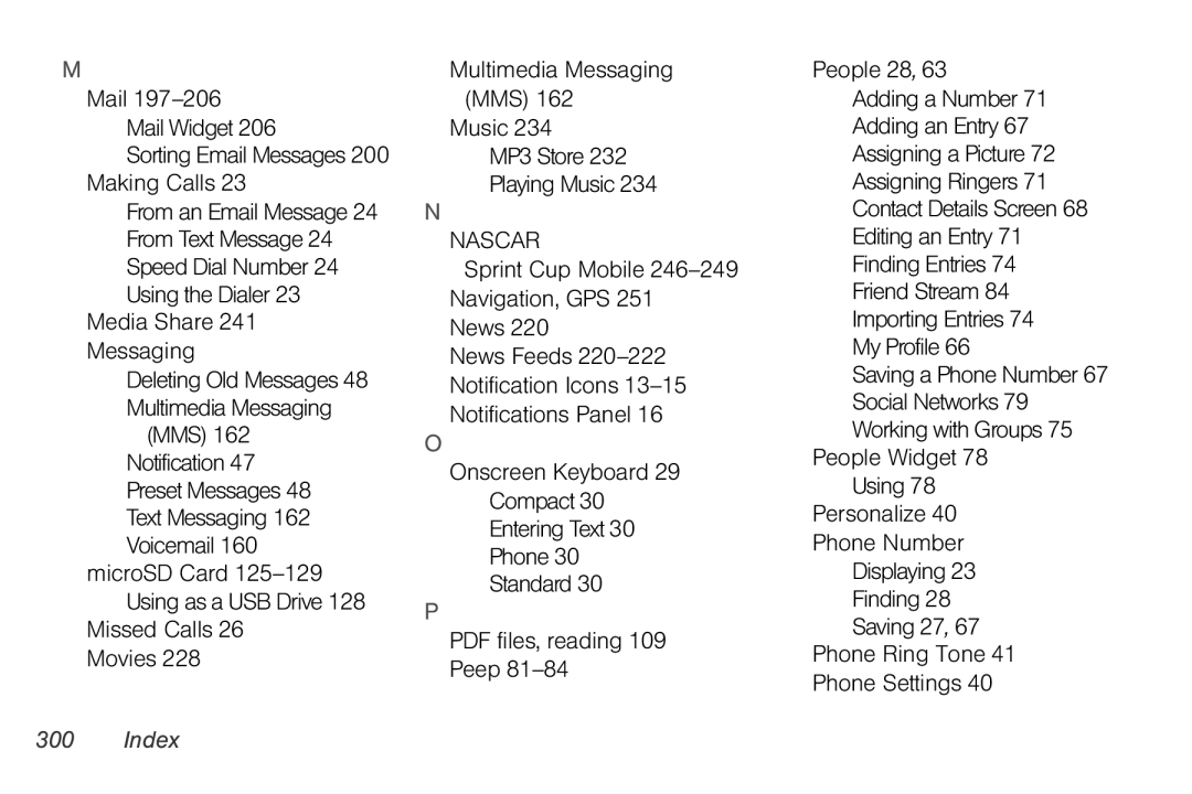 Sprint Nextel PG86100 manual Missed Calls 26 Movies, Multimedia Messaging MMS Music MP3 Store Playing Music 
