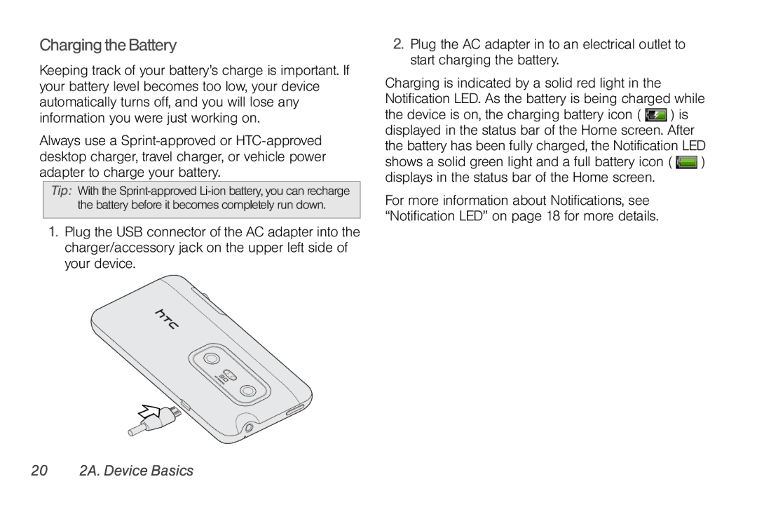 Sprint Nextel PG86100 manual Charging the Battery, 20 2A. Device Basics 