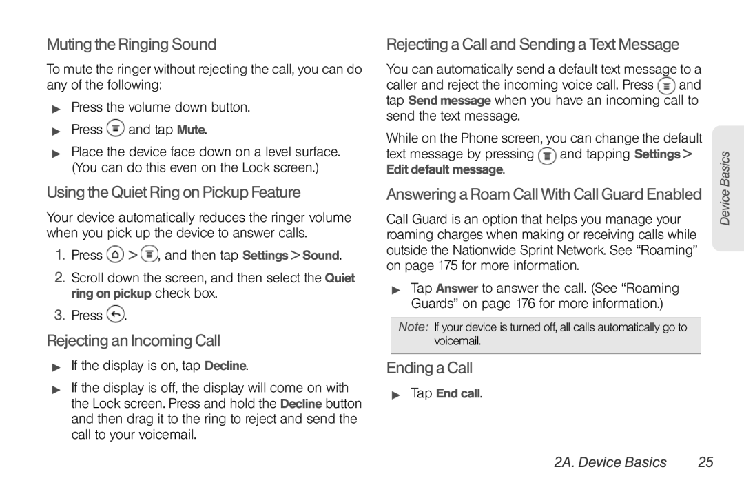 Sprint Nextel PG86100 manual Muting the Ringing Sound, Using the Quiet Ring on Pickup Feature, Rejecting an Incoming Call 