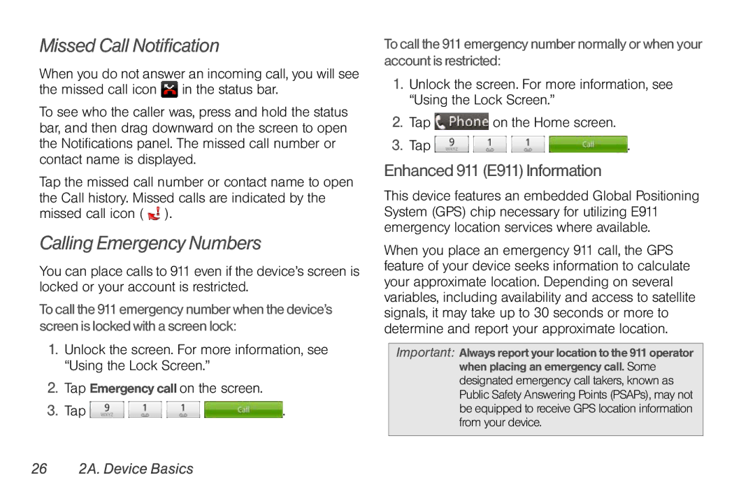 Sprint Nextel PG86100 manual Missed Call Notification, Calling Emergency Numbers, Enhanced 911 E911 Information 