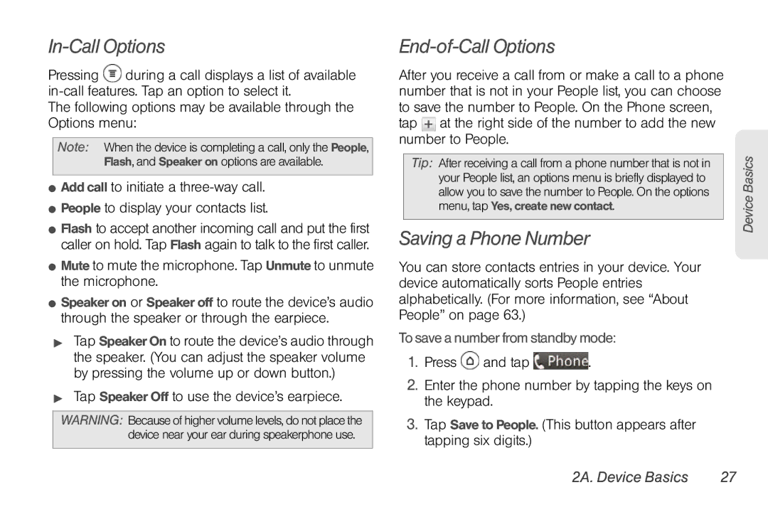 Sprint Nextel PG86100 In-Call Options, End-of-Call Options, Saving a Phone Number, To save a number from standby mode 