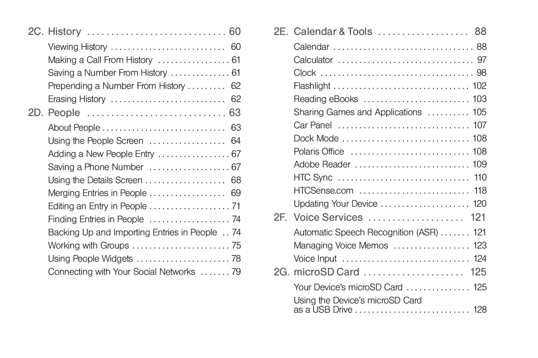 Sprint Nextel PG86100 manual 2C. History, 2D. People, 2E. Calendar & Tools, 2F. Voice Services, 2G. microSD Card 